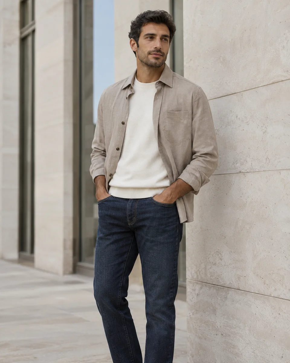 Erkek koleksiyonu için açık tonlar ve denim ile Rodi stil görseli